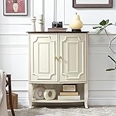 Ahokua 30" Accent Cabinet with Layered Panel Doors, Cream Storage Cabinet with Curved Wood Top, Adjustable Shelf & Open Bottom Shelf for Living Room or Entryway