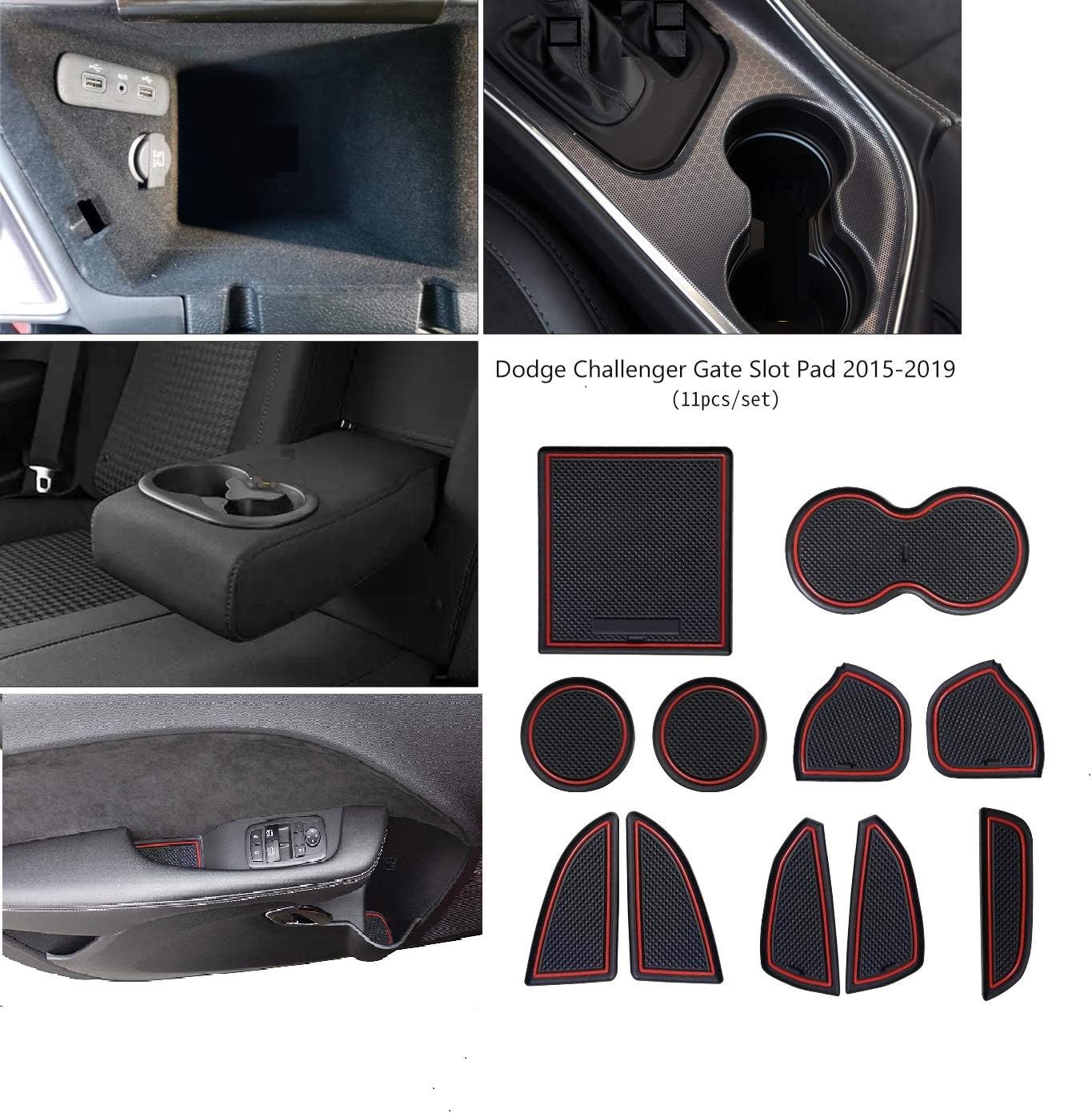 Surborder Shop Custom Fit Cup, Door, Console Liner Accessories for Dodge Challenger 2015-2019 11PC Set (Red)