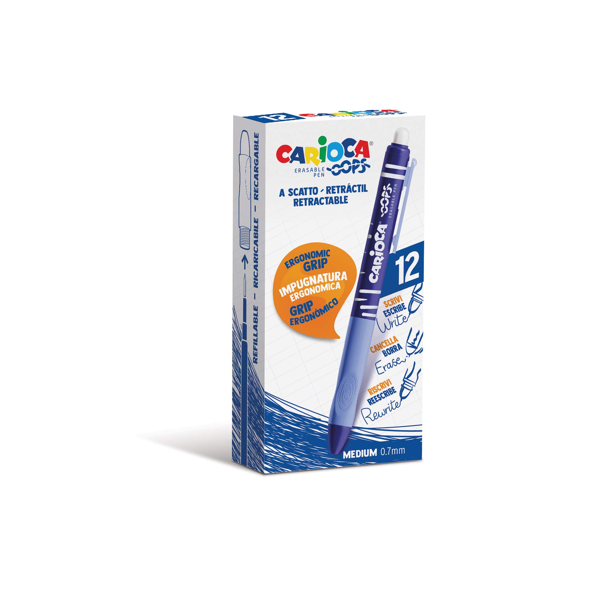 Carioca Oops Blue Erasable Pens | Box 12 of Blue Refillable Erasable Pens with Thermosensitive Ink | Retractable Pen | Textured Grip | Tip Ø 0.7 mm | 12 Pieces