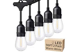 LAKUMU 96FT(48×2) 2-Pack LED Outdoor String Lights with Waterproof Shatterproof Dimmable 2700K Warm White Filament Bulbs, E26 30 Sockets Linkable Commercial Grade Hanging Lights for Patio Deck Backyard