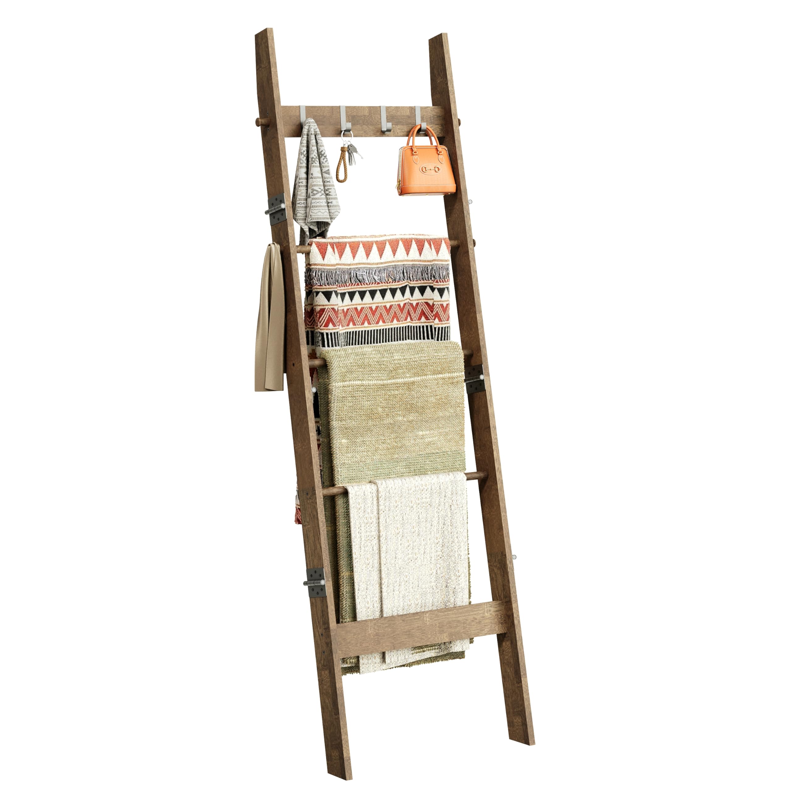 Photo 1 of HonyQiShuo 5-Tier Bamboo Ladder Shelf, Farmhouse Style Blanket Ladder, Rustic Decorative Ladder with 4 Removable Hooks, Brown