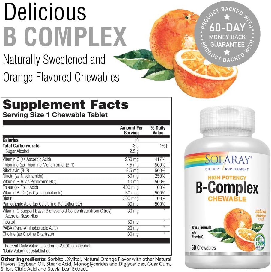 Solaray Vitamin B-Complex 250mg Natural Orange Flavor | Healthy Hair, Skin, Immune Function & Metabolism Support | Lab Verified | 50 Chewables: Health & Personal Care