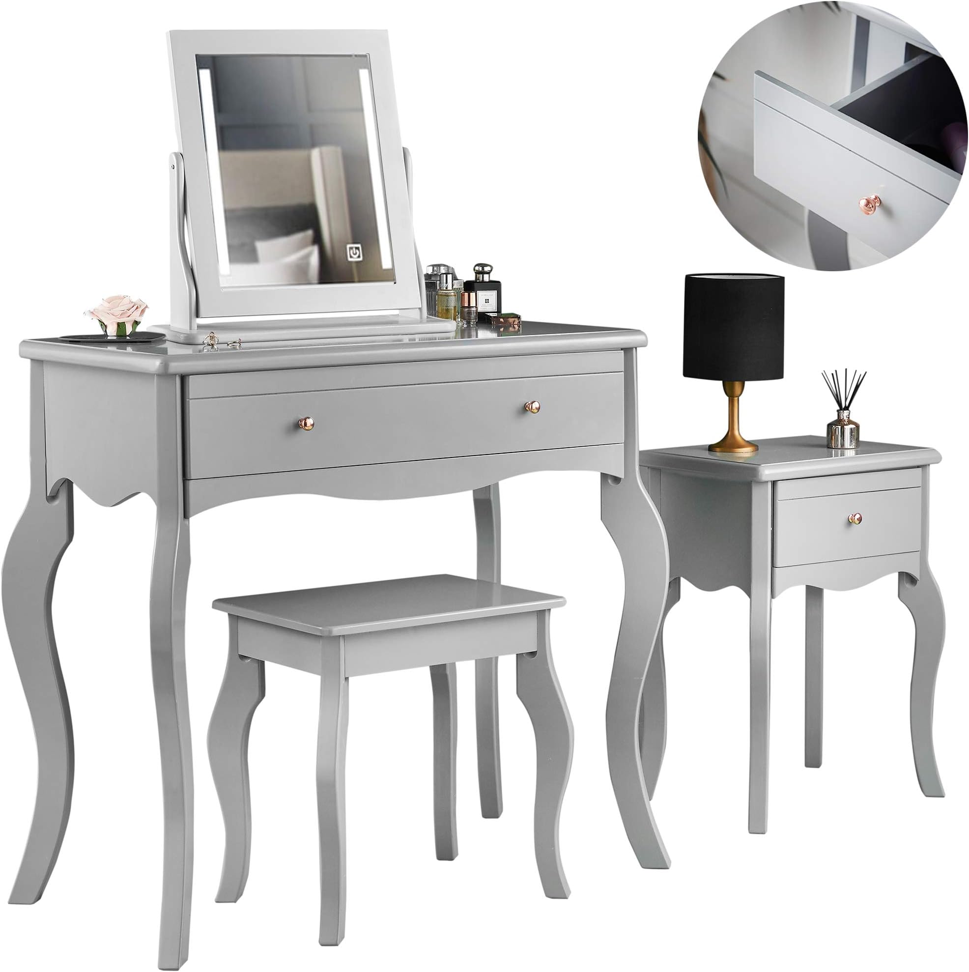 CARME Sorrento - Grey Dressing Table and Side Table With Drawer Rose Gold Handles Stool Mirror with LED Lights - Four Piece Set Bedroom Makeup Furniture