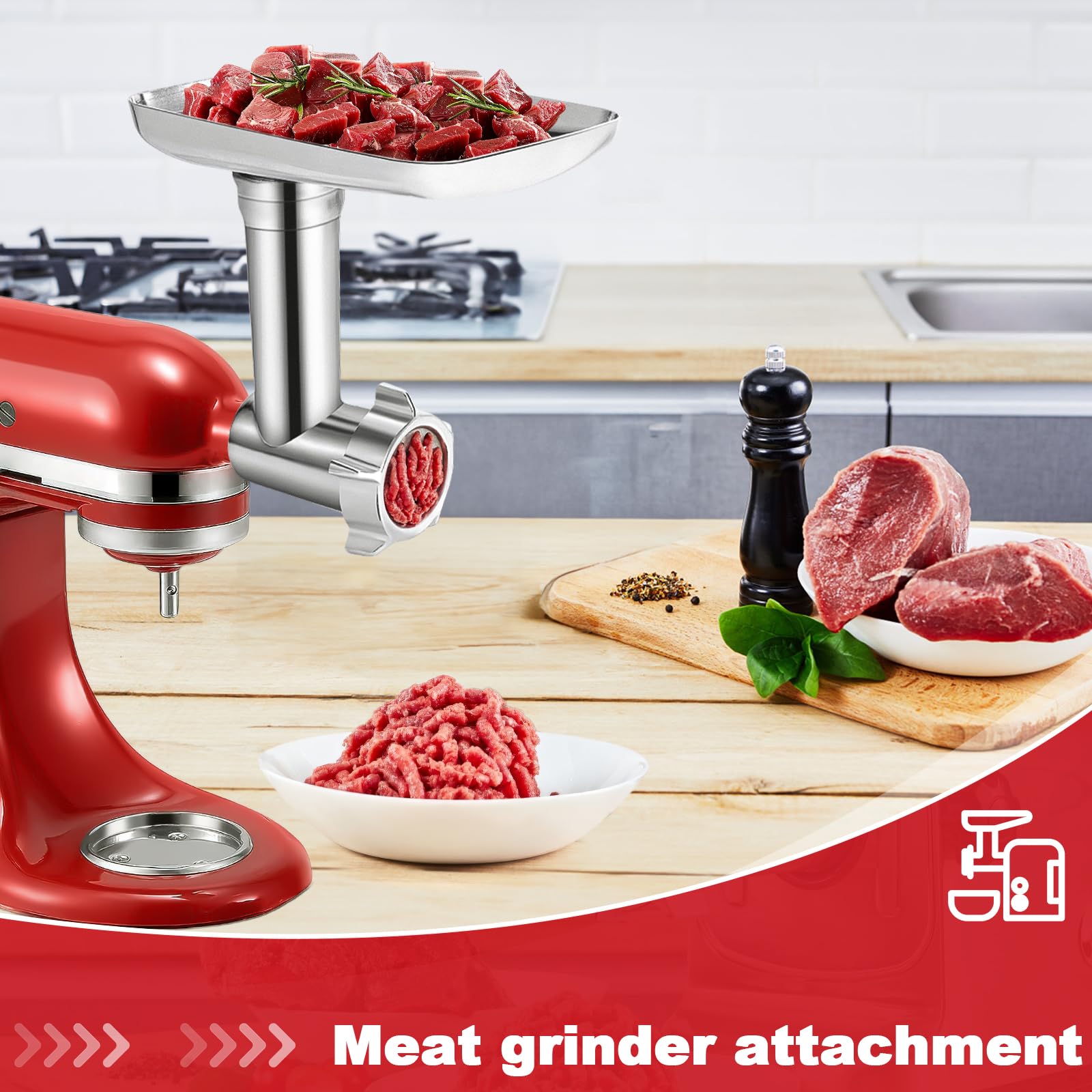 Meat Grinder Attachment for KitchenAid Stand Mixer – Metal Food Grinder with 4 Grinding Plates, 3 Sausage Stuffer Tubes & 2 Blades – Compatible with KitchenAid Mixers (Mixer Not Included)
