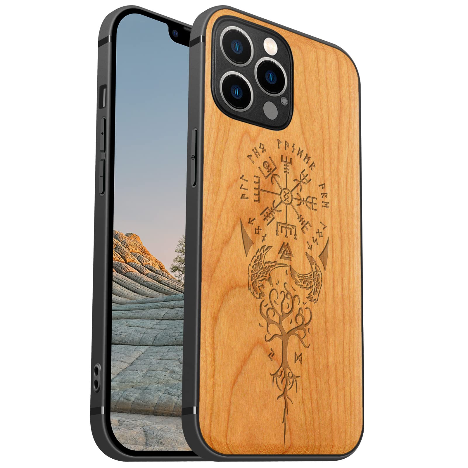 Carveit Magnetic Wood Case for iPhone 12 Pro - Hard Real Wood & Soft TPU Hybrid Shockproof Protective Cover - Unique & Classy Cherry Wooden Case Compatible with MagSafe (Viking Compass Vegvisir)