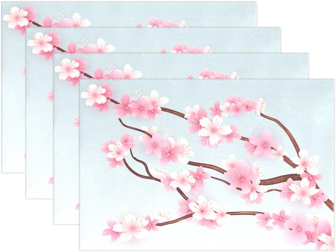 WARMFM Ethel Ernest Japanese Cherry Blossom Heat-Resistant Placemats, Polyester Tablemat Place Mat for Kitchen Dining Room Set of 6