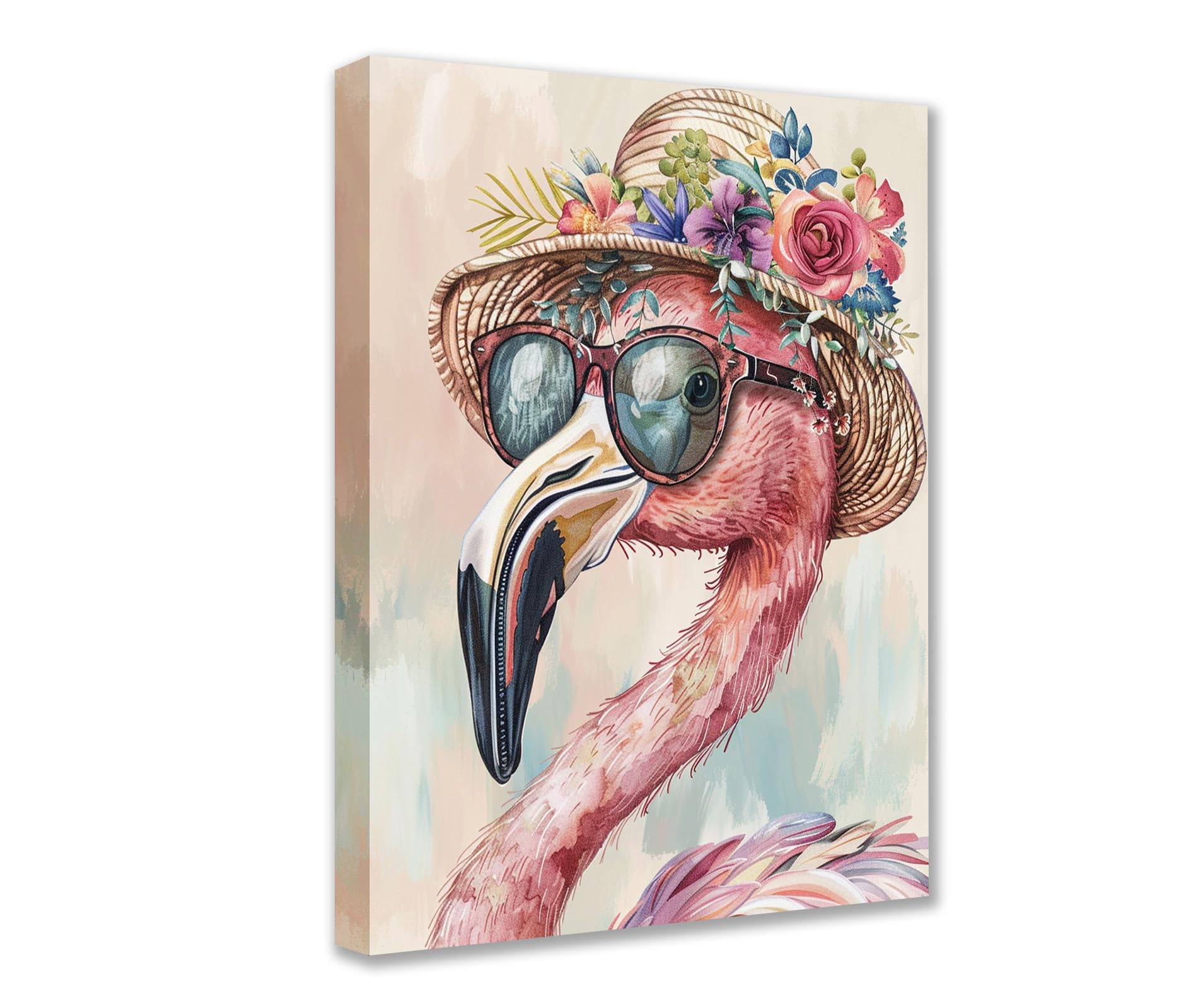 Pink Flamingo with Flowers Hat and Sunglasses 1P Canvas Room Wall Creative Pictures Cute Animal Poster Prints Artwork Home Decor for Living Room Framed Gallery-Wrapped Ready to Hang 16x24inch