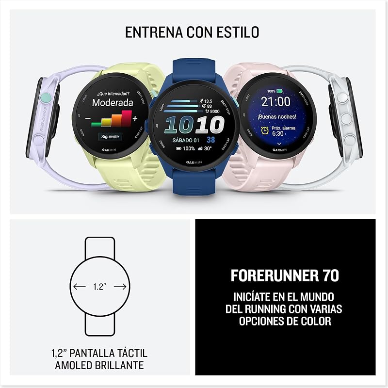 Forerunner 70 Reloj Inteligente para Correr con GPS, Pantalla Táctil AMOLED, Métricas Optimizadas, Planes de Entrenamiento, Estado de Salud, Autonomía de 13 Días, Lila
