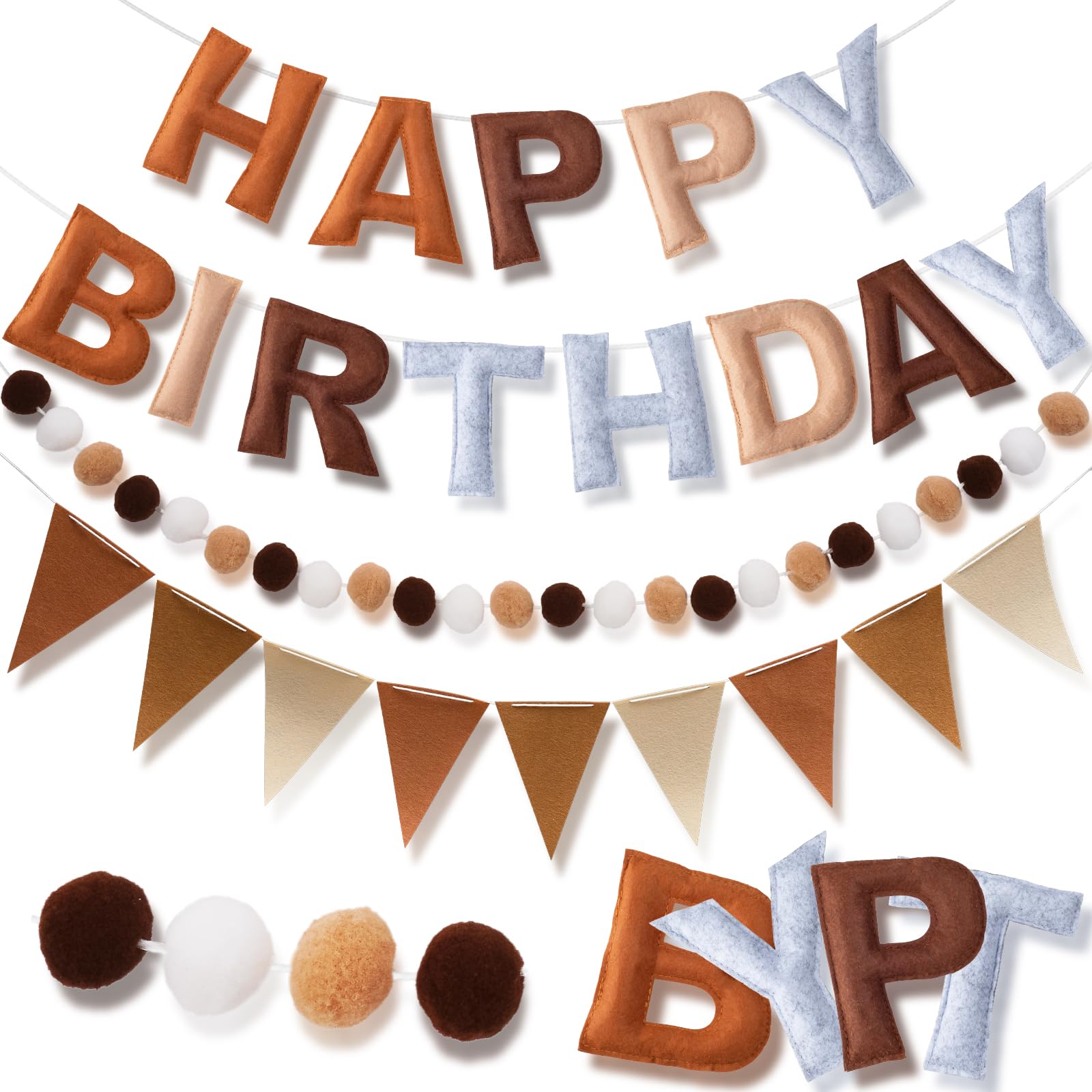 Photo 1 of Neutral Felt Happy Birthday Banner, Pre-Strung Happy Birthday Sign with Pom Pom Garland & Reusable Pennant Streamers Banner Bunting for Bear Baby Shower