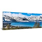 iKNOW FOTO Lake Tahoe Panoramic Landscape Wall Art - 20"x55" Horizontal Canvas Print - Snow-Covered Sierra Mountains Nature Photography for Living Room Wall Decor