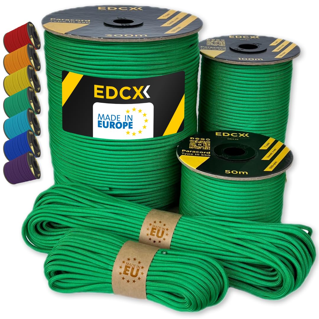 EdcX Paracord 4mm, 35+ Solid Colors (10m, 15m, 30m, 50m, 100m, 300m) | Ideal for Crafting, DIY, Camping, Survival, Outdoor | 100% Nylon Rope 4mm | Tactical Cord 550 Type III (Green, 50 m) — image 1