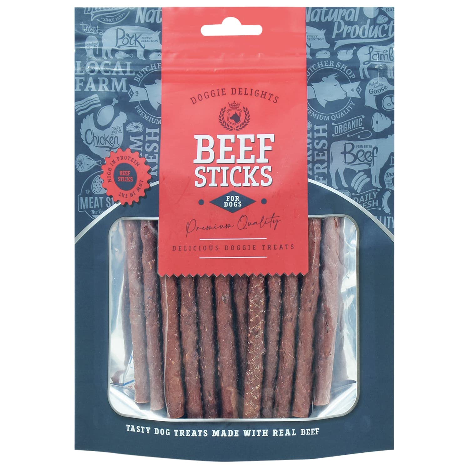 3x Doggie Delights Dog Treats For Dogs Premiam Quality Delicious Doggie Healthy Treats High In Protein Low in Fat Real (3x Beef Stick 190g Each)