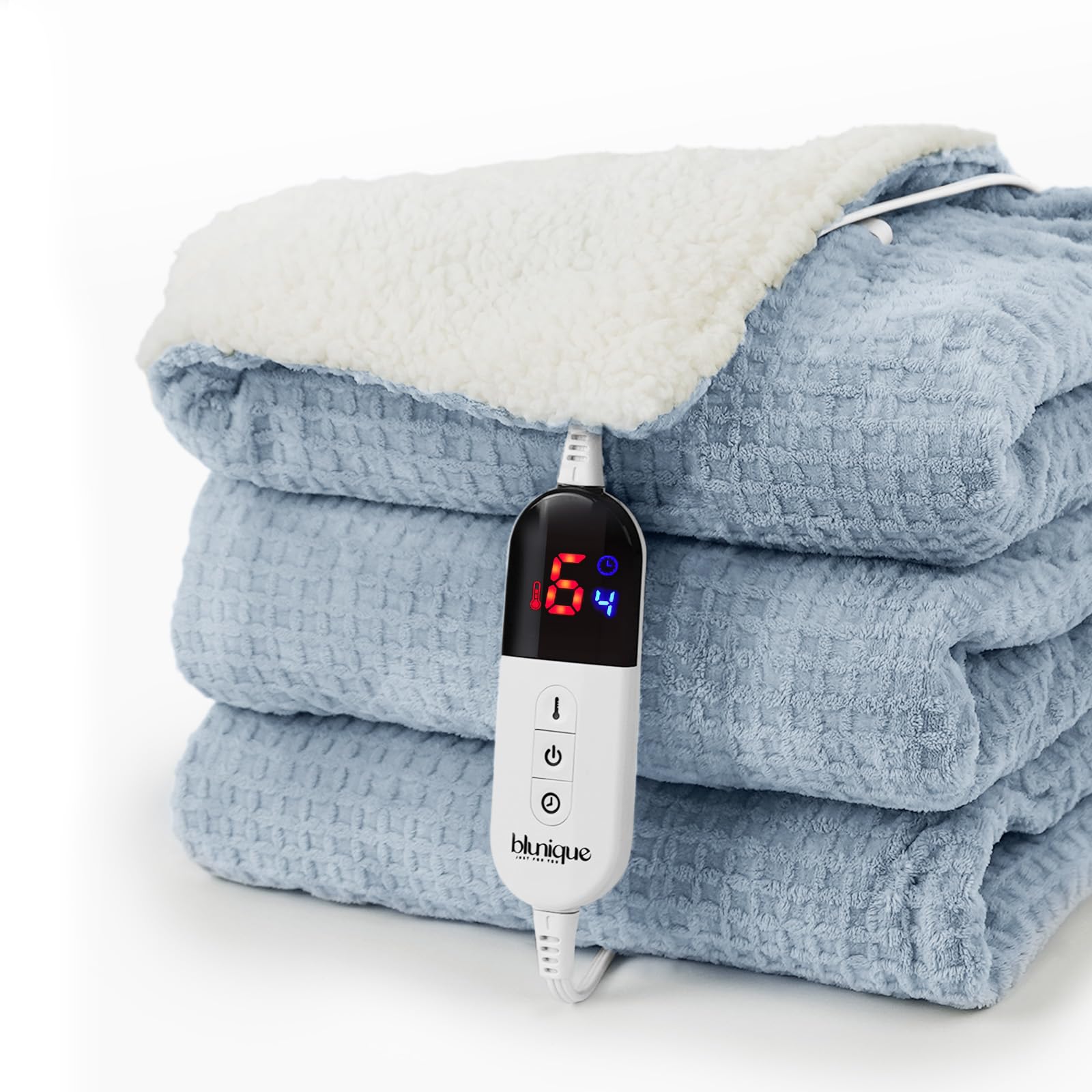 Photo 1 of blunique Heated Blanket Electric Throw Waffle, 50x60 Inches Sherpa Fleece Fast Heating Blanket 6 Heating Levels & 4 Hours Auto Off ETL Certification,Haze Blue Throw