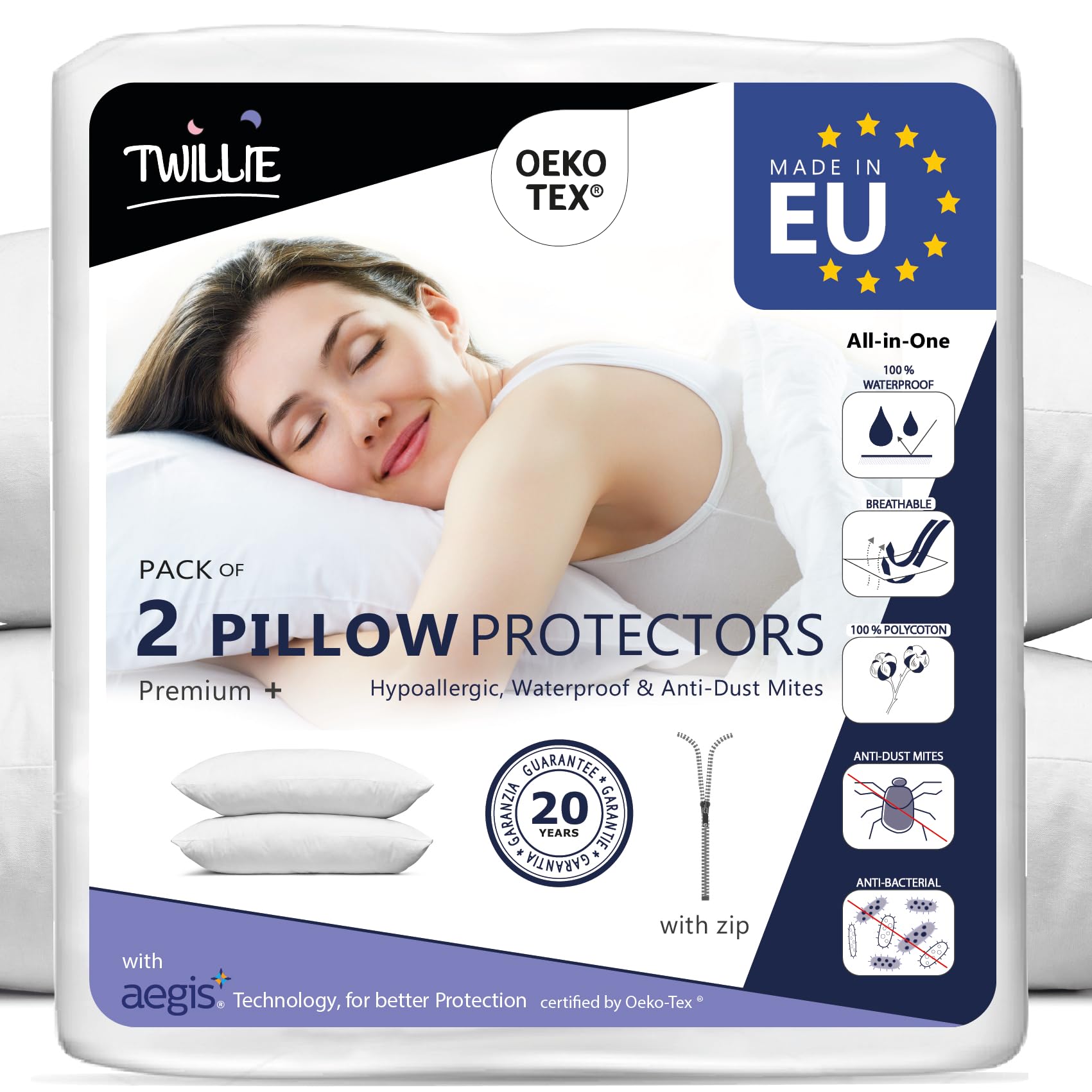 Twillie Pillow Protector 60 x 60 cm Waterproof and Breathable (Pack of 2) Oeko-Tex® Certified - Aegis® Hypoallergenic - Anti-Mite, Bacterial - Made in Europe - 100% Polycotton