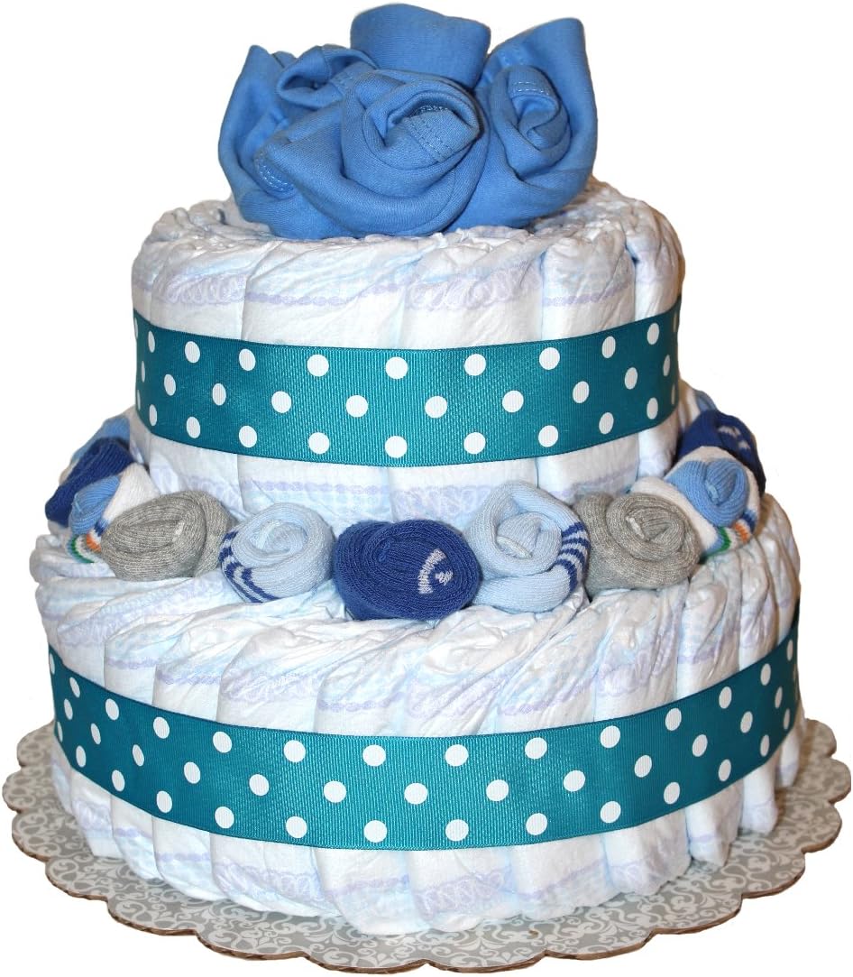 QBabyShowering 2 Tier Cute Decorated Baby Boy Blue Diaper Cake For Babyshower (Blue)