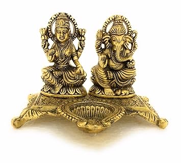 Rajkruti Laxmi Ganesh Idol - Decorative Platter With Diya - Laxmi Ganesha Murti - Showpiece - Antique Gift