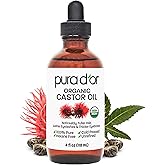 PURA D'OR 4 Oz Organic Castor Oil – Pure Cold-Pressed, Hexane-Free, USDA Certified – Lashes, Brows, Hair, Scalp, Skin – Botanical Moisturizer Supporting Softness, Strength, Hydration, Shine & Radiance