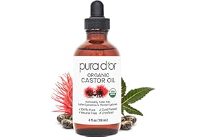 PURA D'OR 4 Oz Organic Castor Oil – Pure Cold-Pressed, Hexane-Free, USDA Certified – Lashes, Brows, Hair, Scalp, Skin – Botanical Moisturizer Supporting Softness, Strength, Hydration, Shine & Radiance