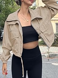 Tankaneo Womens Cropped Jacket Zip Up Lightweight