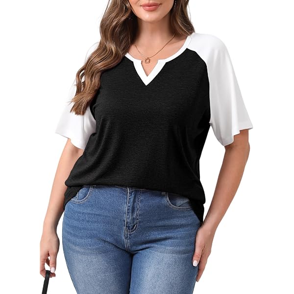VISLILY Women's Plus Size Color Block Tunic Top - Wine Red, Deep V-Neck, Casual T-Shirt (Size 14W/XL) - View #3