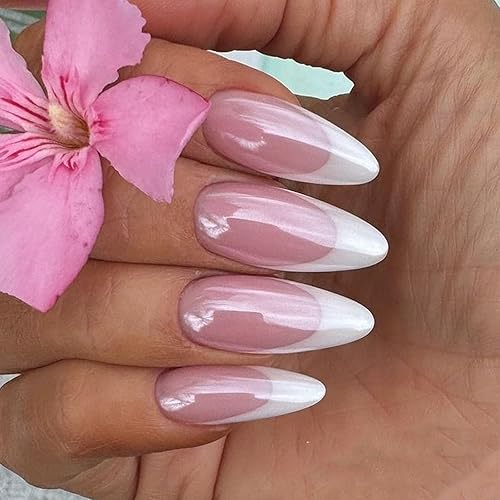 Chrome Press on Nails Almond Medium White French Tip Fake Nails Fading Red Full Cover Glossy False Nails Simple Diy French Almond Nails Press ons for Women Girls 30 Pcs 15 Size