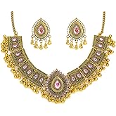 Indian Bridal Jewelry Set for Women Antique Oxidized Gold-Tone Plated Choker Necklace with Cubic Zirconia Jhumka Tassel Earrings Traditional Wedding Party Festival Wear Boho Ethnic Statement Jewelry