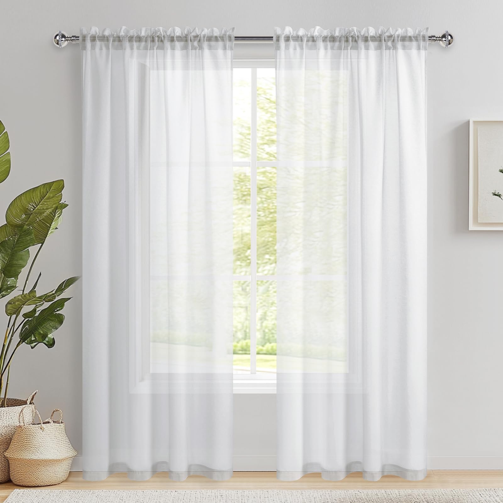 DWCN White Net Curtains for Windows 84 Drop, Rod Pocket Voile Curtain Bedroom Sheer Curtains Semi-Transparent Light Filtering Curtains for Living Room Bedroom Windows, W52 x L84 Inch, Set of 2