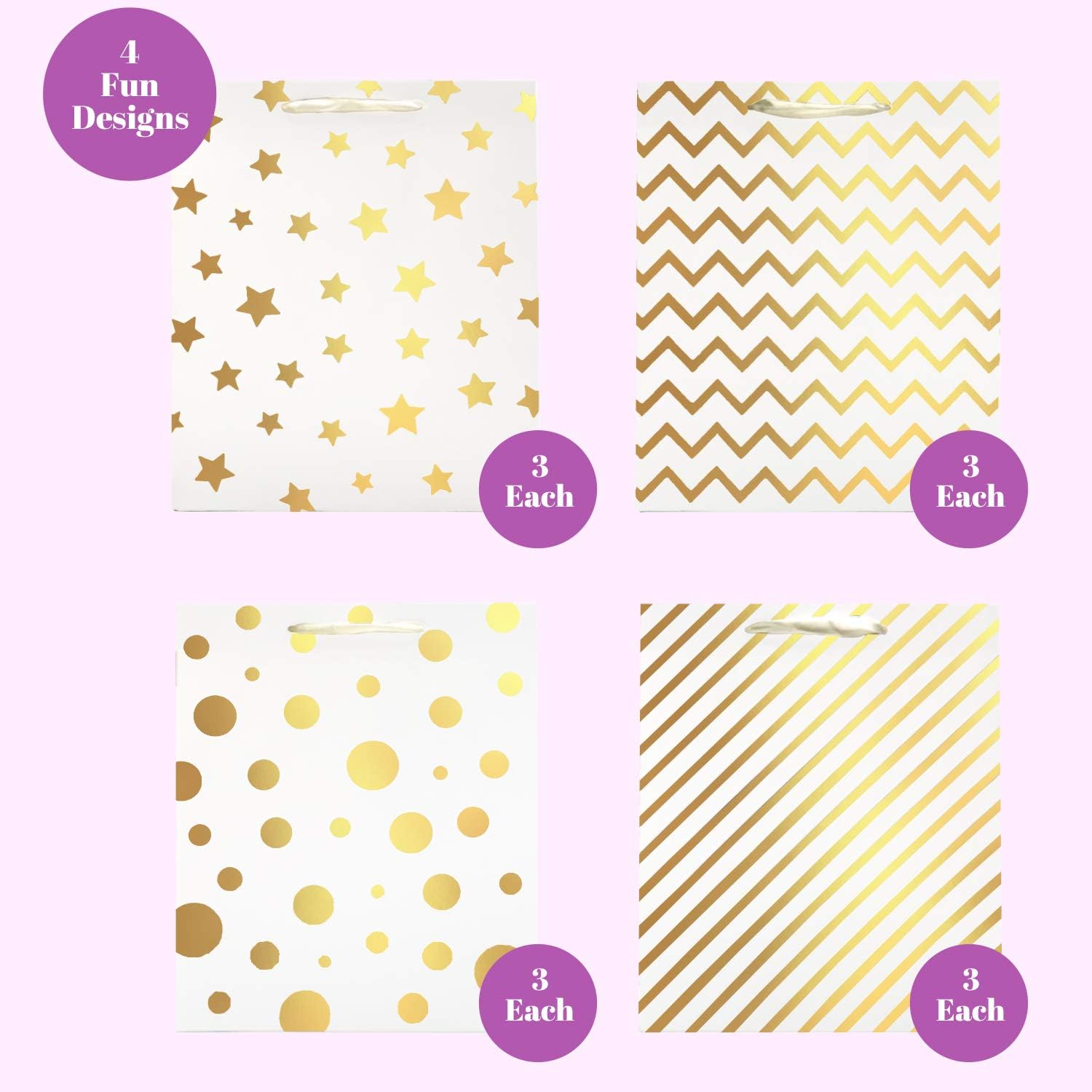 UNIQOOO 12Pcs Assorted Gold Foil Metallic Gift Bags Bulk Ribbon Handle - Image 4