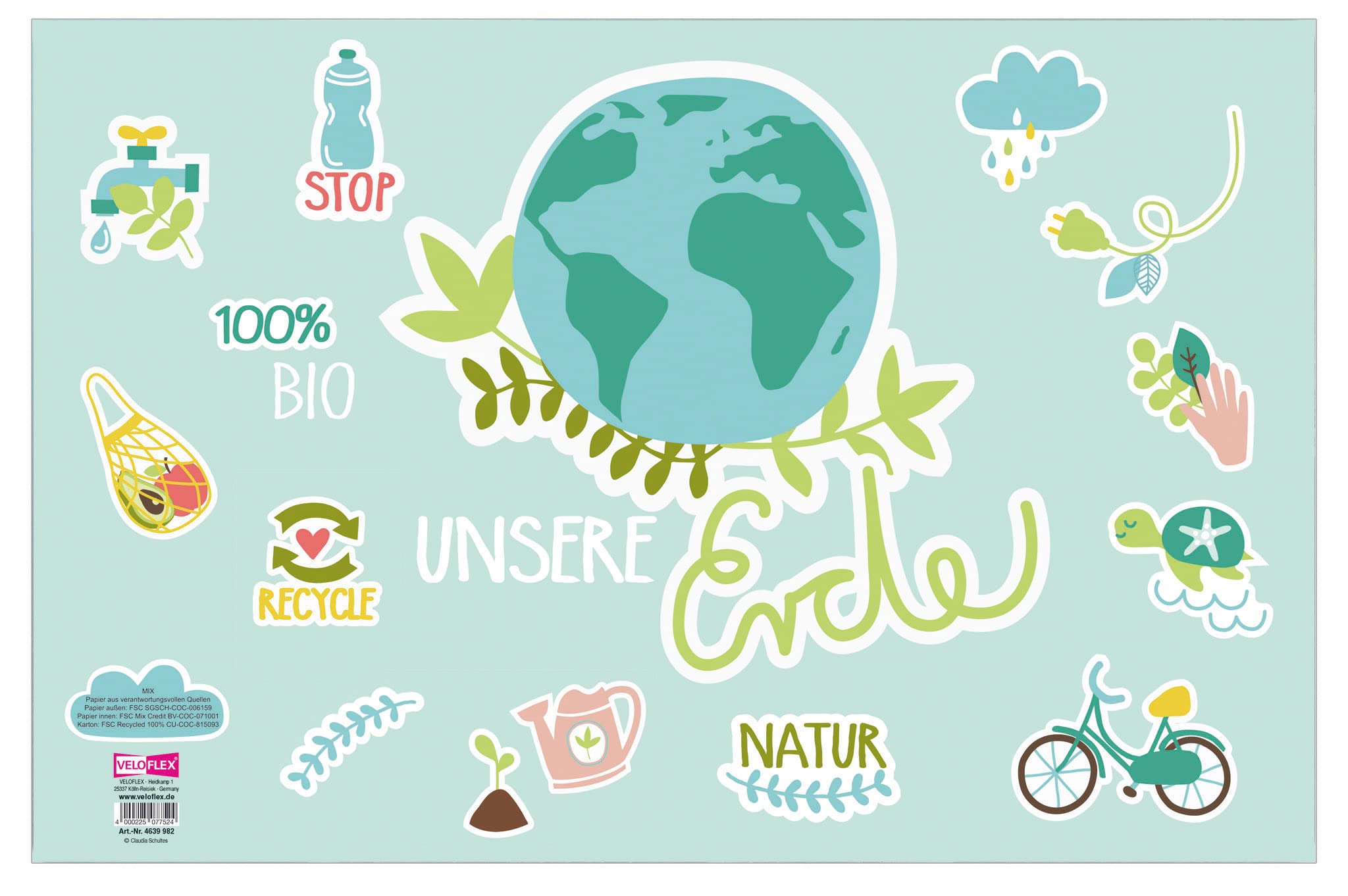 VELOFLEX 4639982 Desk Mat Our Earth 39 x 60 cm, Paper, Recyclable, Cardboard Without Film Lamination, Desk Mat, Painting Mat, Craft Mat, 1 Piece