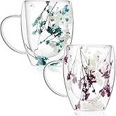 Rtteri 2 Pcs Double Wall Glass Coffee Mugs Clear Flower Coffee Mug with Handle 350 ml Creative Insulated Heat Resistant Coffee Cups for Tea Cappuccino Espresso Latte (Blue Flowers, Purple Flowers)