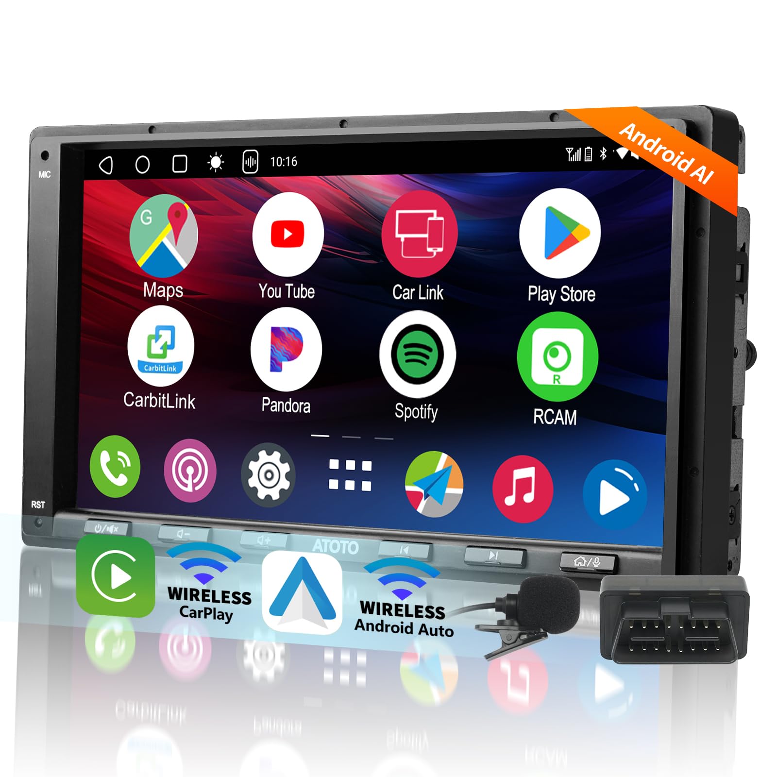 Photo 1 of ATOTOMOVE Android Double Din Car Stereo with OBD2 Scanner, A6PF Ultra 2G+32G 7" Wireless CarPlay & Android Auto Radio with ChatGPT, WiFi/BT/USB, Mirrorlink, 36-Band EQ, GPS Tracker, Dual Bluetooth