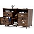 VINGLI Wide 4 Drawer File Cabinet with Lock, Wood Lateral File Cabinet with Open Shelves, Lockable Rolling File Cabinets for Home Office, Dark Brown File Cabinet Printer Stand, Letter Sized