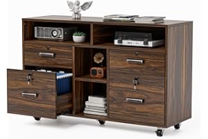 VINGLI Dark Brown Wood Lateral File Cabinet with Lock, 4 Drawer & 4 Open Shelves, Rolling File Cabinet for Home Office, Letter Sized