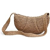 Herald Small Pleated Crescent Straw Woven Crossbody Bag for Women, Ruched Handmade Summer Beach Shoulder Purse Handbag