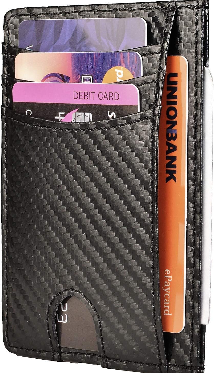RFID Slim Card Wallet Leather Small Front Pocket Wallet for Men Women (01 Carbon Leather Black)
