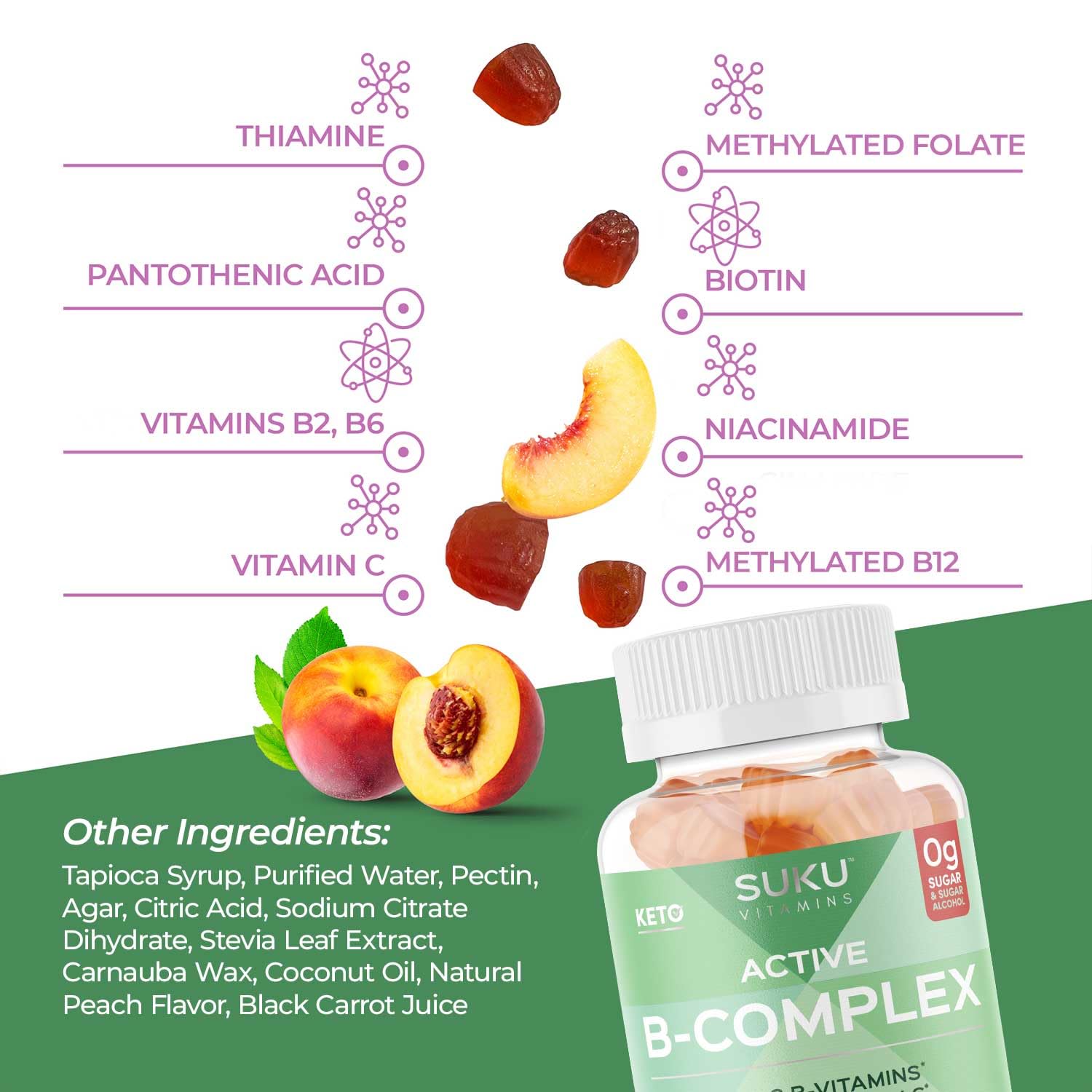 SUKU Vitamin B Complex Gummies with Vitamin C – Sugar Free Vegan 8 B Vitamins Complex Gummy Supplement Increases Cell Development, Improves Metabolism & Collagen Formation, Peach Flavour (50 Gummies)