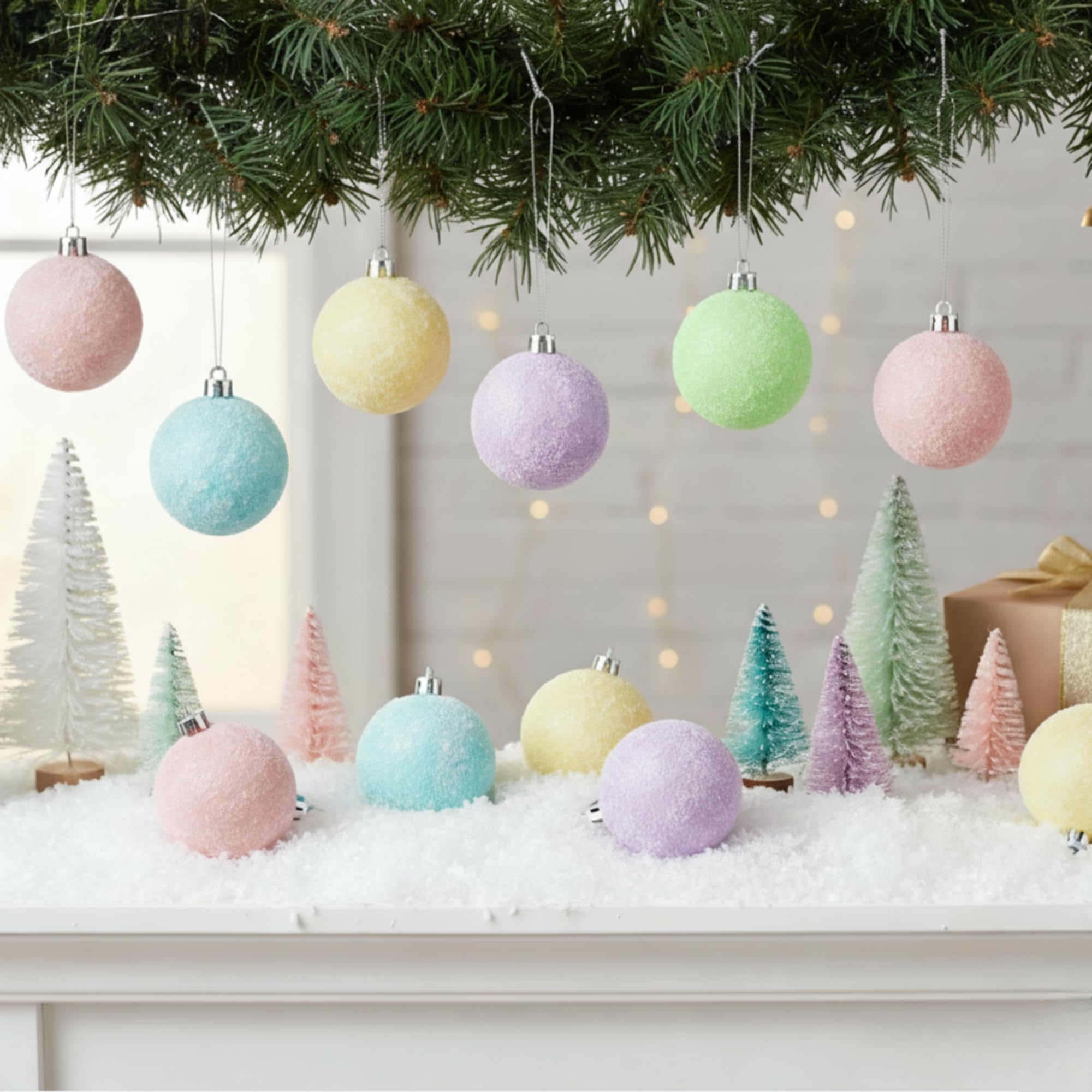 Photo 1 of Gejoy 30 Pcs Flocked Velvet Christmas Tree Ball Ornaments 2.36'' Frosted Pastel Candy Christmas Decor Shatterproof Macaron Xmas Tree Balls Pink Yellow Candy Land Hanging Ornaments Rainbow Xmas Decor