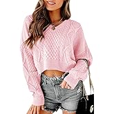 Tankaneo Women's V Neck Cropped Sweater Long Sleeve Crop Top Cable Knit Oversized Pullover Sweater