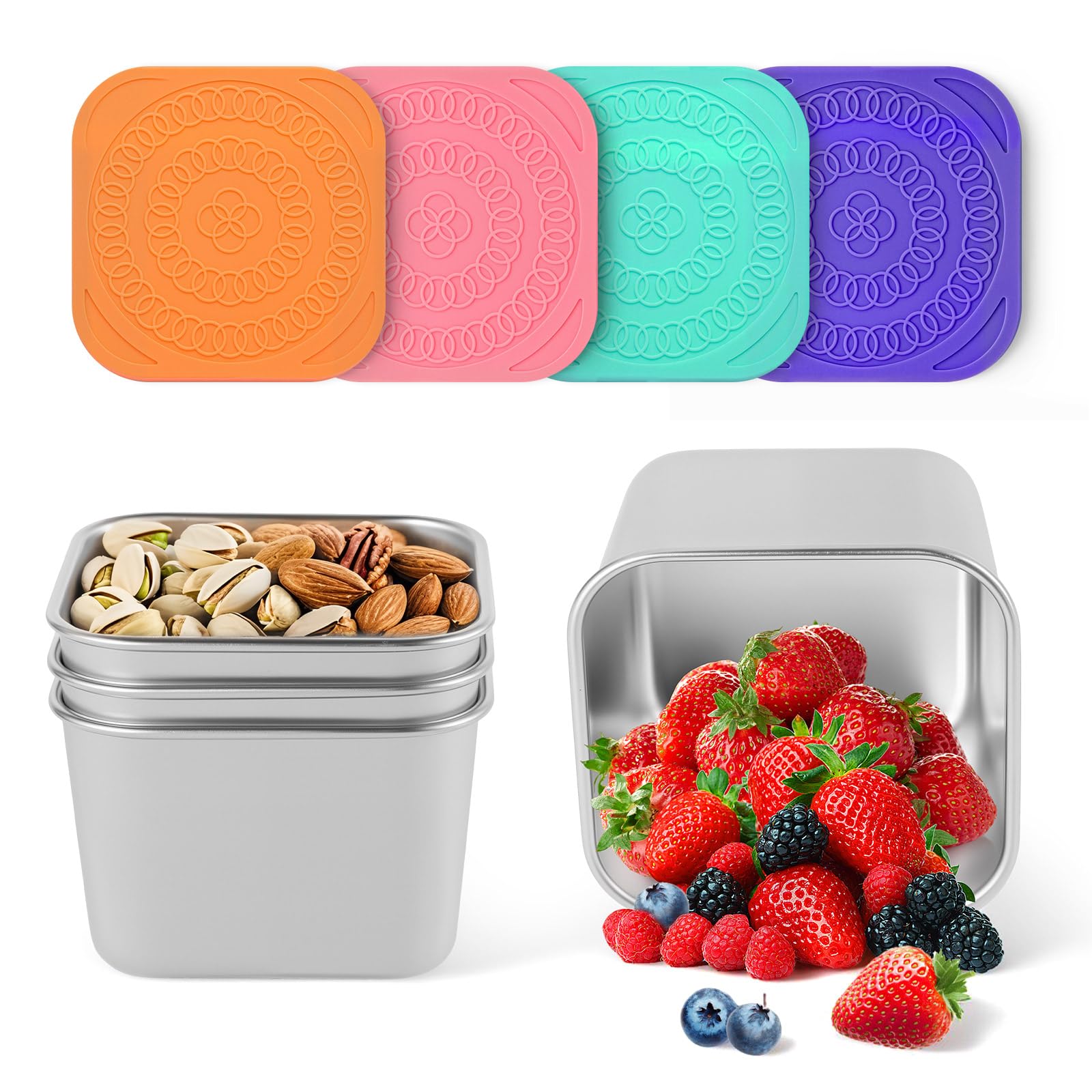 Photo 1 of 4Pack 6oz Reusable Stainless Steel Snack Containers for Kids, Easy Open Leak Proof Metal Small Toddler Snack Containers with Silicone Lids, Stackable Metal Toddler Lunch Box for Daycare School Travel