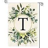 AVOIN colorlife Monogram Letter T Floral Garden Flag 12x18 Inch Double Sided Outside, Family Last Name Initial Yard Outdoor Decoration