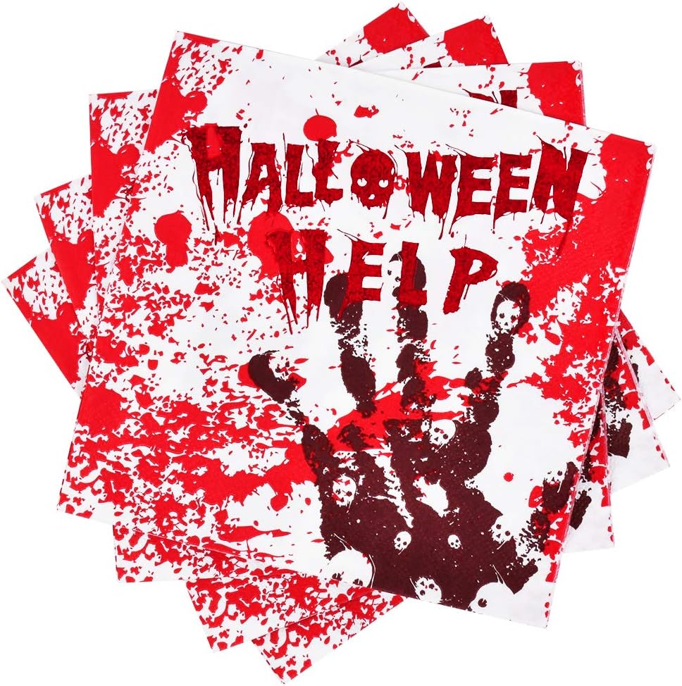 Bloody Handprint Halloween Paper Plates Set Serve 25 Spooky Party Decoration Disposable Plates Napkins Cups Rectangular Tablecloth and Happy Halloween Banner: Health & Personal Care