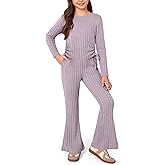 IIMMER Girls Fall 2 Piece Outfits Ruched Long Sleeve Tops & Cozy Rib-Knit Flared Pants With Side Pockets 3-12 Years