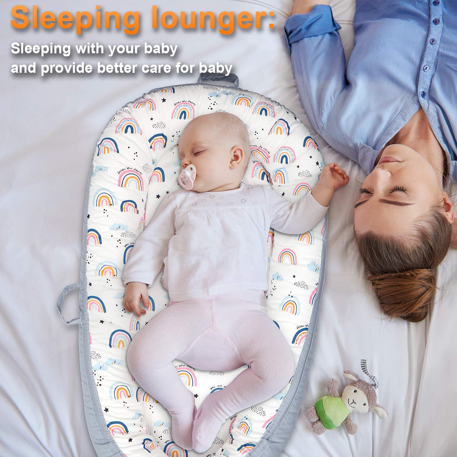 Cosy Nation Baby Lounger, Baby Nest for Co Sleeping Portable Newborn Lounger, 100% Soft Breathable Cotton, Partner for Crib & Bassinet, Perfect for Traveling and Napping, Baby Shower Gift (Rainbow): Baby
