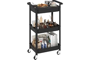 Steehoom 3-Tier Utility Rolling Cart with Cover Top Board, Mobile Utility Cart with Lockable Casters Multi-Functional Storage Trolley for Office, Bathroom, Kitchen, Garden, Laundry Room (Black)