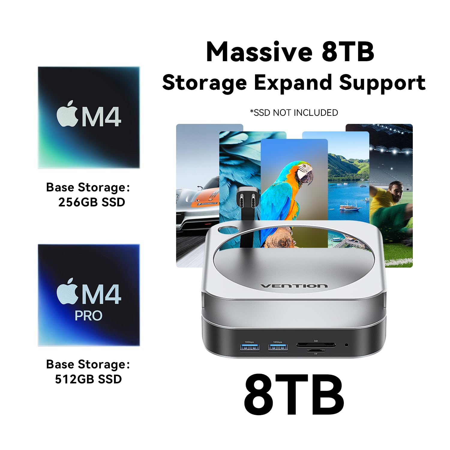 VENTION Mac mini M4 Dock 10-in-1, Aluminium-Stand für M4/M4 Pro mit NVMe SSD-Enclosure, 4K@240Hz/144Hz HDMI, 10 Gbps USB-A & USB-C Dockingstation, SD/TF-Kartenleser, Dual Audio Ports, Silber 4