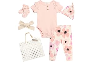 Jessica Simpson Baby Girl Layette Set - 4 Piece Newborn Baby Girl Outfits with Onesie Bodysuit Baby Pants Hat & Socks (0-9M)