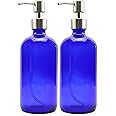 Cornucopia 16-Ounce Cobalt Blue Glass Bottles w/Stainless Steel Pumps (2-Pack), Soap Dispenser w/Lotion Pumps for Essential O