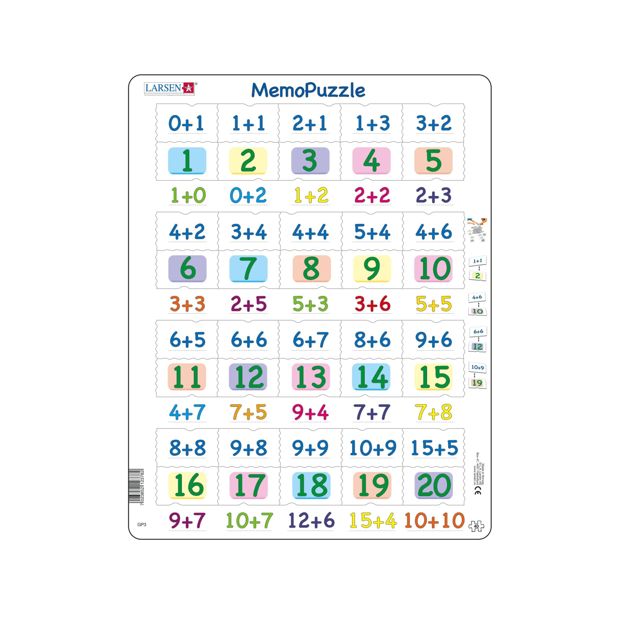 Larsen GP3 MemoPuzzle: Addition with Numbers from 0-20, 40 Piece Boxless Tray & Frame Jigsaw Puzzle