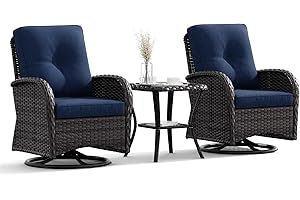 Joyside Patio Swivel Rocker Wicker Chairs - Outdoor Swivel Rocking Chairs Set of 2 with Wicker Side Table, Patio Swivel Rocker Chair 3 Piece Patio Furniture Sets for Porch Deck(Brown/Blue)