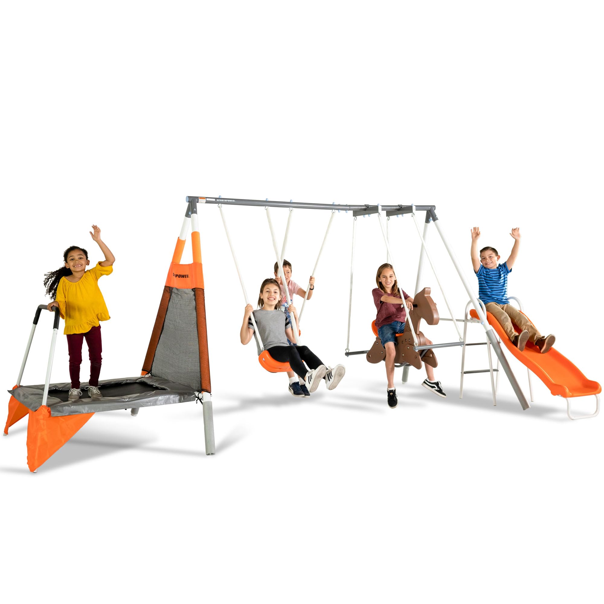 Photo 1 of Sportspower Fairview Metal Swing Set with 2 Swings, Rocking Horse, Mini-Trampoline, on Slide, & Bonus Anchor Kit, for Kids 3-8
